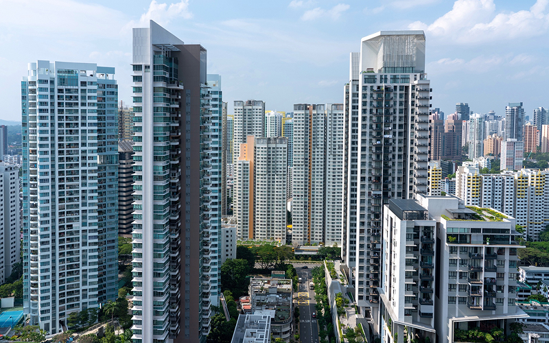 Aerial view of several high-rise residential condominiums in Singapore.