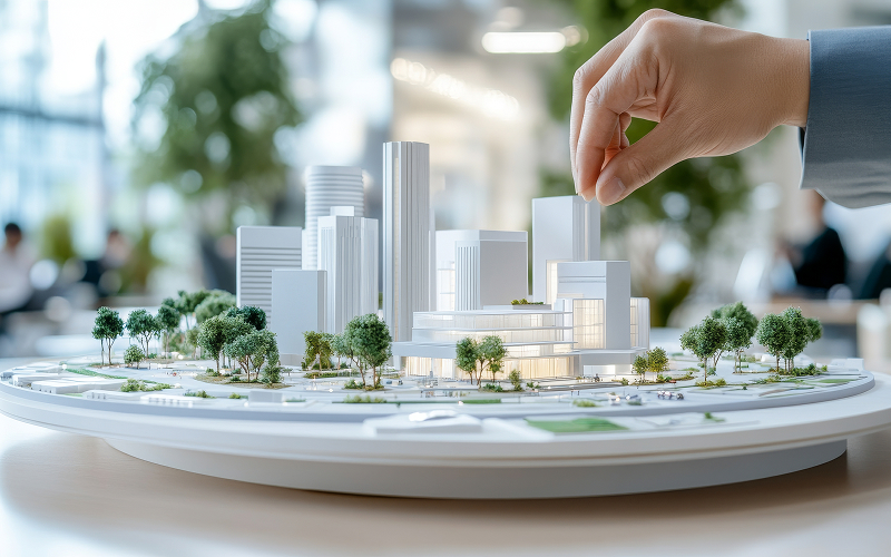 Architect adjusting real estate model for integrated facility management benefits.