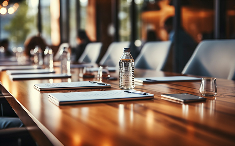 Empty conference table set up for a corporate board meeting.